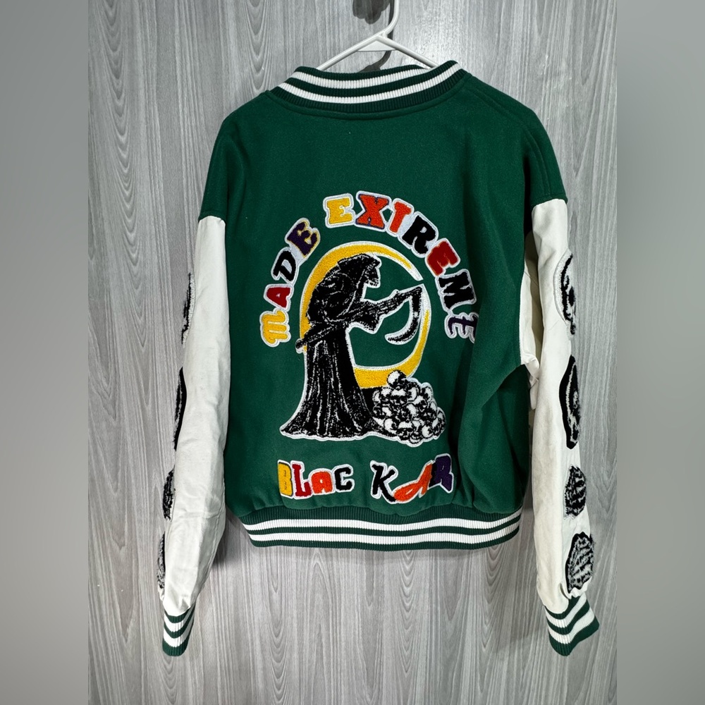 Black Air Varsity Bomber Moto Jacket Skulls Patches Green Read